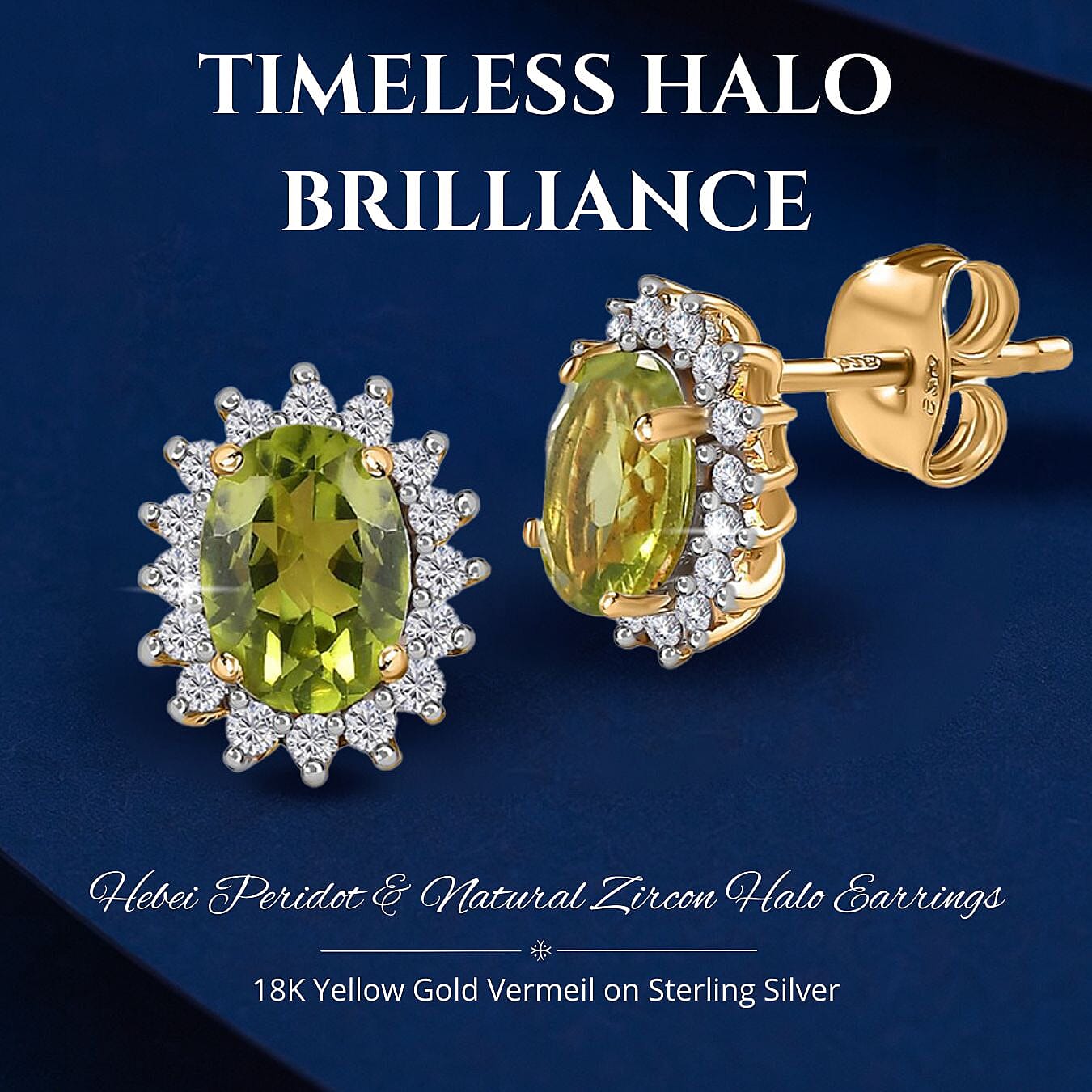 Hebei Peridot & Natural Zircon Halo Earrings with Push Back in 18K Vermeil Yellow Gold Plated Sterling Silver 2.06 Ct.